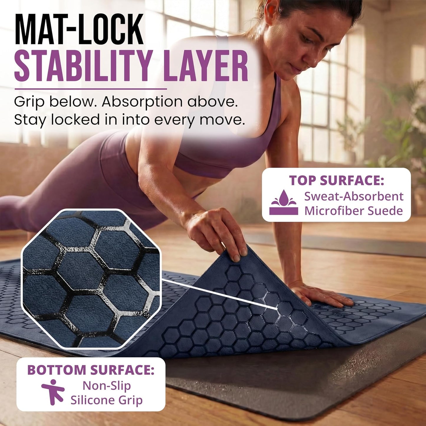 Premium Non-Slip Hot Yoga Mat Towel - Absorbent Honeycomb Silicone Grip, Lightweight and Washable, Perfect for Pilates and Travel - Dark Blue